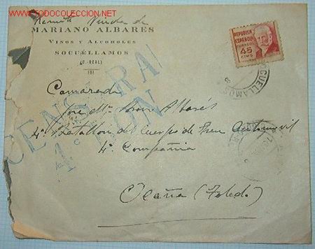 Documentos antiguos: Sobre con sello en tinta de censura 4&ordm; Bon., enviada desde Oca&ntilde;a (Toledo), 13 mayo 1938.